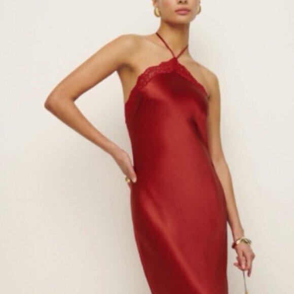 Reformation Silk Aara Lace Halter Maxi Slip Dress Sundried Tomato Small NWT - Picture 1 of 11